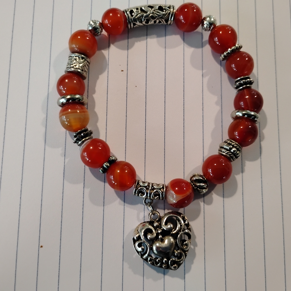 Silver and Red Beaded Bracelet with Heart Charm